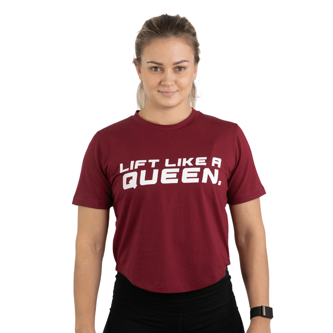 Lift Heavy Lift Like A Queen Rounded Cropped T-Shirt QEENTSHIRT-DEEP RED